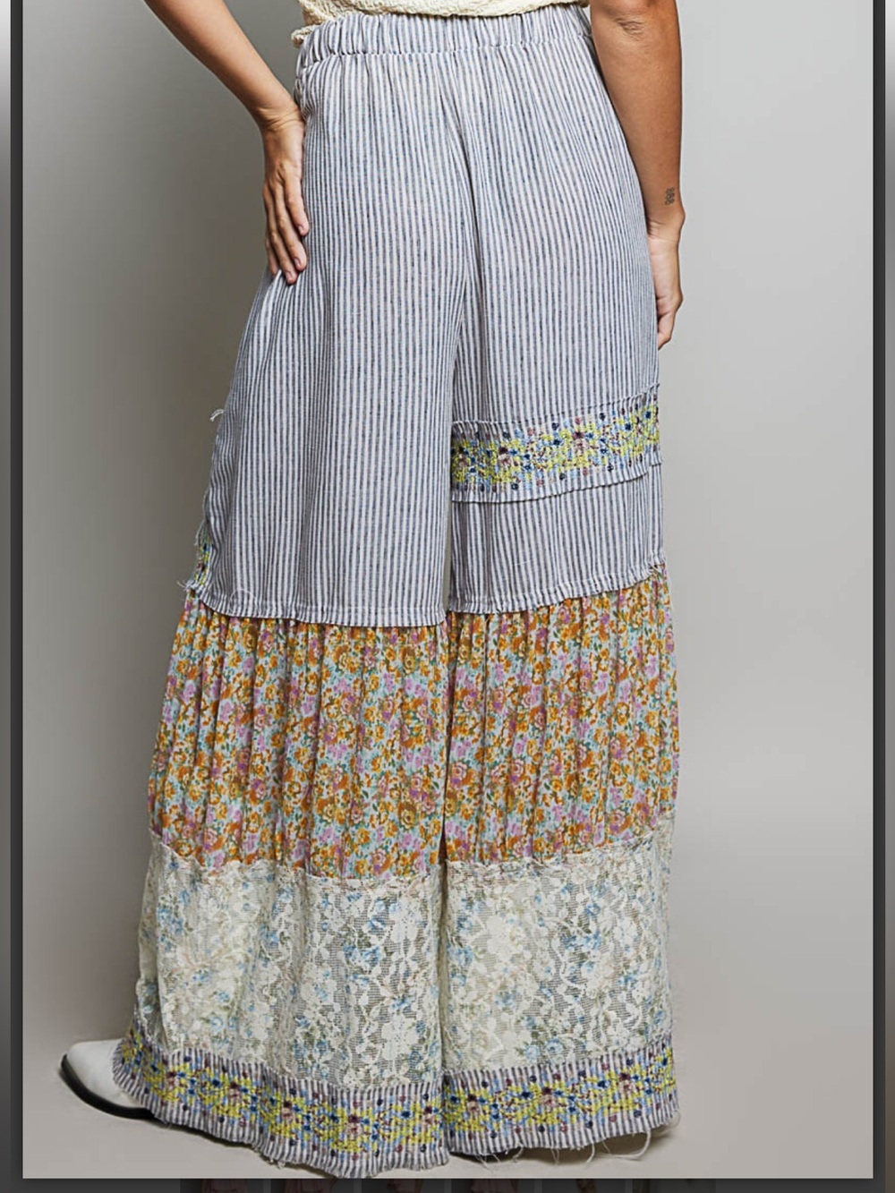 Bohemian Patchwork Wide-Leg Striped and Floral Pants - Picture 4 of 7